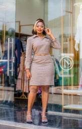 Elegant taupe houndstooth sheath dress